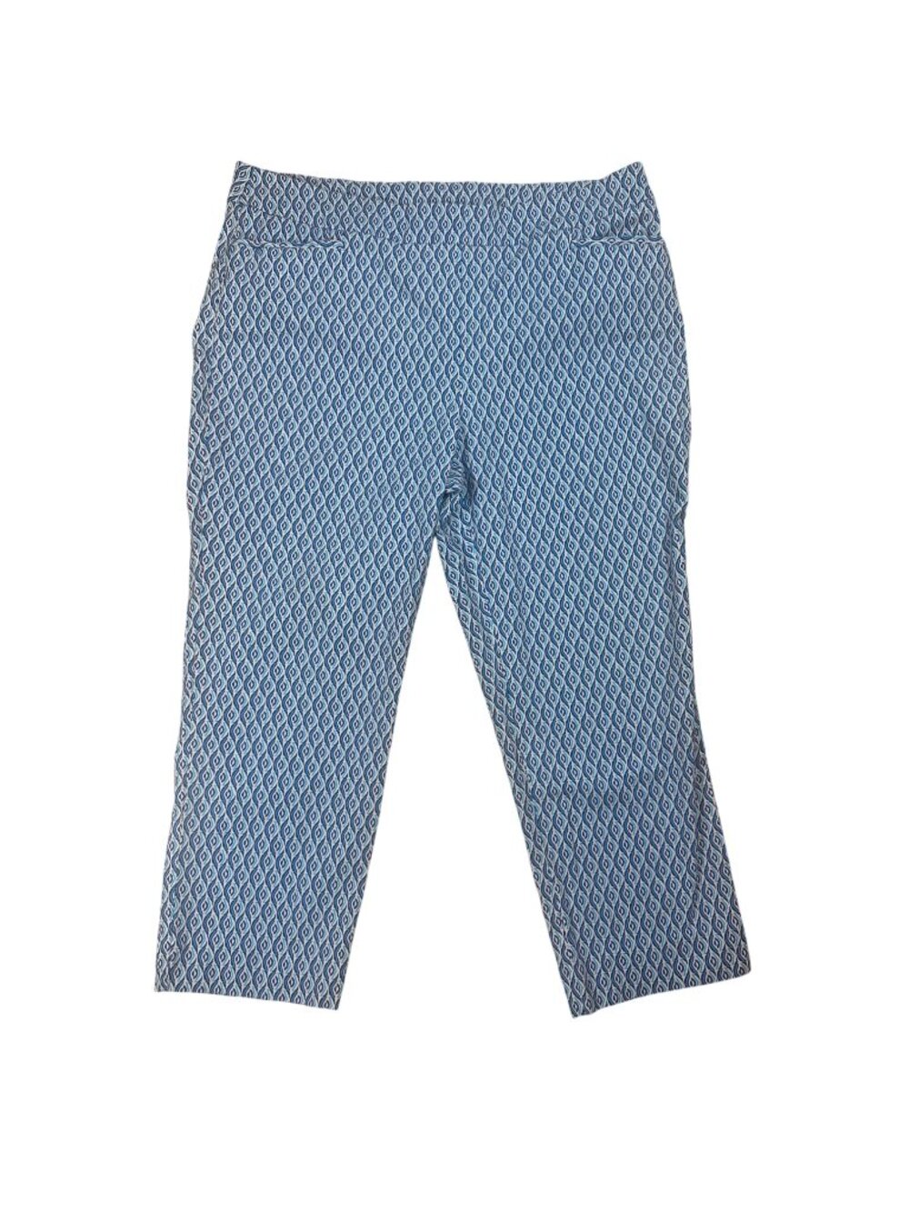 Chico’s Women’s Geometric Print Capri Pants 3 XL Blue White Pull On Resort Wear